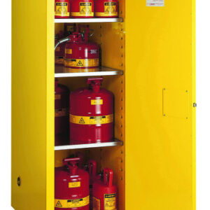 Justrite® 55 Gallon Yellow Sure-Grip® EX 18 Gauge Cold Rolled Steel Deep Slimline Safety Cabinet With (1) Self-Closing Door And (3) Shelves (For Flammables)