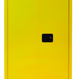 Justrite® 60 Gallon Yellow Sure-Grip® EX 18 Gauge Cold Rolled Steel Vertical Drum Safety Cabinet With (2) Self-Closing Doors And (2) Shelves (For Flammable Liquids)