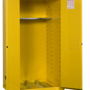 Justrite® 55 Gallon Yellow Sure-Grip® EX 18 Gauge Cold Rolled Steel Vertical Drum Safety Cabinet With (2) Manual Close Doors And (1) Shelf And Drum Support (For Flammable Liquids)