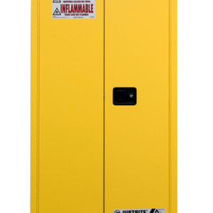 Justrite® 55 Gallon Yellow Sure-Grip® EX 18 Gauge Cold Rolled Steel Vertical Drum Safety Cabinet With (2) Self-Closing Doors, (1) Shelf And Drum Support (For Flammable Liquids)