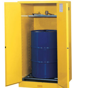 Justrite® 55 Gallon Yellow Sure-Grip® EX 18 Gauge Cold Rolled Steel Vertical Drum Safety Cabinet With (2) Self-Closing Doors, (1) Shelf And Drum Rollers (For Flammable Liquids)