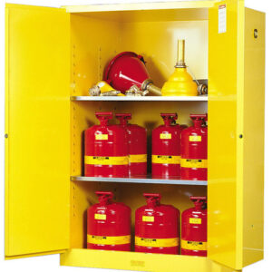 Justrite® 90 Gallon Yellow Sure-Grip® EX 18 Gauge Cold Rolled Steel Vertical Drum Safety Cabinet With (2) Manual Close Doors And (2) Shelves (For Flammable Liquids)