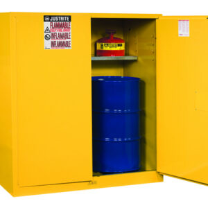 Justrite® 110 Gallon Yellow Sure-Grip® EX 18 Gauge Cold Rolled Steel Vertical Drum Safety Cabinet With (2) Manual Close Doors And (1) Shelf And Drum Support (For Flammable Liquids)