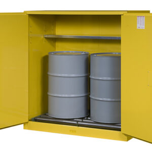 Justrite® 110 Gallon Yellow Sure-Grip® EX 18 Gauge Cold Rolled Steel Vertical Drum Safety Cabinet With (2) Manual Close Doors And (1) Shelf And Drum Rollers (For Flammable Liquids)