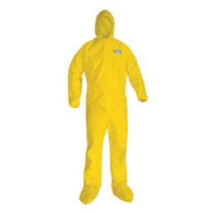 Kimberly-Clark Professional* X-Large Yellow KleenGuard* 1.5 mil Polpropylene Polyethylene A70 Level B/C Chemical Protection Coveralls With Bound Seams, Storm Flap Over Front Zipper, Hood, Boots, Elastic Wrists And Attached Boots