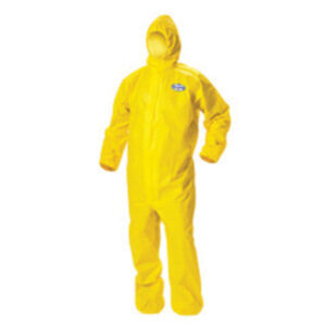 Kimberly-Clark Professional* Large Yellow KleenGuard* 1.5 mil Polpropylene Polyethylene A70 Level B/C Chemical Protection Coveralls With Bound Seams, Taped Storm Flap Over Front Zipper, Hood, Elastic Ankles And Wrists