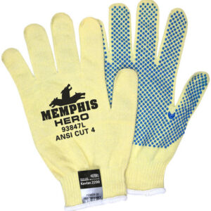 Memphis Glove X-Large Yellow And Blue Hero™ 13 Gauge Kevlar, Spandex And Stainless Steel Cut Resistant Gloves With Knit Wrist And Blue PVC Dot Coating On Palm
