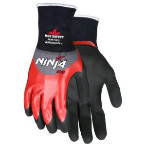 Memphis Glove X-Large Ninja® 18 Gauge Red And Black Breathable Foam Nitrile Palm, Finger And Knuckle Coated Work Glove With Gray Nylon And Spandex Liner And Knit Wrist