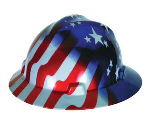 MSA Freedom Series™ V-Gard® Polyethylene Cap Style Hard Hat With Fas Trac® 4 Point Ratchet Suspension And American Stars And Stripes Graphics