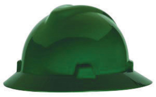 MSA Green V-Gard® Polyethylene Slotted Full Brim Hard Hat With Staz On® 4 Point Pinlock Suspension
