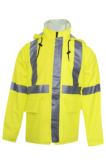 National Safety Apparel 2X Hi-Viz Yellow 30" ARC H2O™ FR  Polyurethane And Cotton Rain Jacket With Front Zipper And Snap Closure And 2" Reflective Trim
