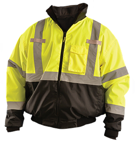 OccuNomix X-Large - 3X Black/Hi-Viz Yellow Classic™ Three-Way Black Bottom Bomber PU Coating Waterproof Polyester Class 3 Jacket With Zipper Closure, 2" Silver Reflective Tape And Eight Pockets