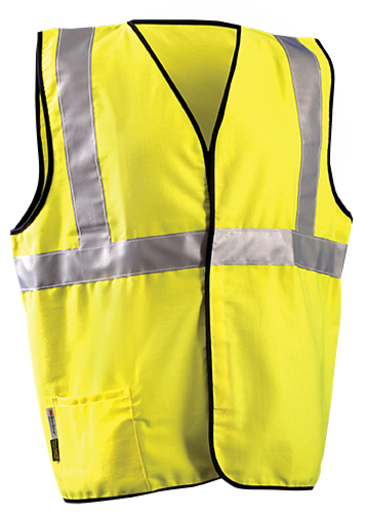 OccuNomix Large Hi-Viz Yellow Classic™ Flame Resistant Cotton Class 2 Single Stripe Solid Vest With Hook And Loop Closure And 3M™ Scotchlite™ 2" Reflective Tape And 1 Pocket
