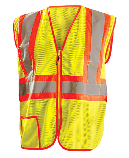 OccuNomix Medium Hi-Viz Yellow Classic™ Light Weight Polyester Mesh Class 2 Two-Tone Vest With Front Zipper Closure And 2" Silver Reflective Tape Backed by Contrasting Trim And 2 Pockets