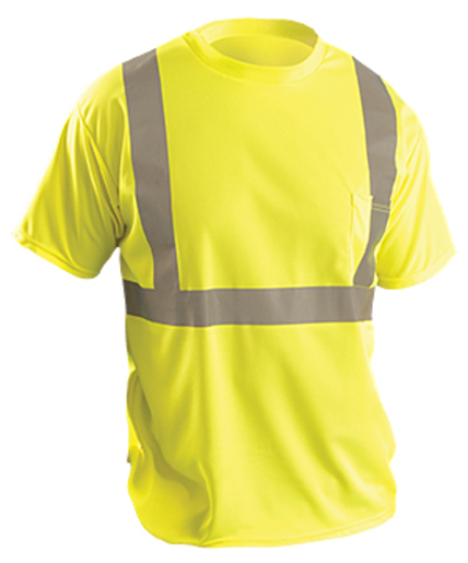 OccuNomix Large Hi-Viz Yellow Classic™ Birdseye Light Weight Wicking Polyester Class 2 Standard Short Sleeve T-Shirt With 2" Silver Reflective Tape And 1 Pocket
