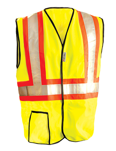 OccuNomix Medium Hi-Viz Yellow OccuLux® Premium Economy Light Weight Solid Polyester Tricot Class 2 Two-Tone Traffic Vest With Front Hook And Loop Closure And 3M™ Scotchlite™ 2" Reflective Material Backed by Contrasting Trim And 2 Pockets
