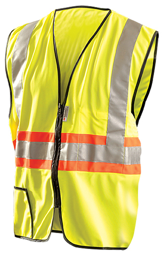 OccuNomix Medium Hi-Viz Yellow OccuLux® Premium Light Weight Solid Polyester Tricot Class 2 Two-Tone Expandable Traffic Vest With Front Zipper Closure And 3M™ Scotchlite™ 2" Reflective Tape Backed by Orange Trim And 2 Pockets