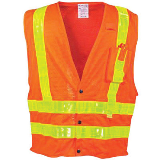 OccuNomix Medium Hi-Viz Orange OccuLux® Premium Light Weight Polyester Mesh Class 2 Vest With Front Snap Closure And 3M™ Scotchlite™ 2" Reflective Gloss Tape And 4 Pockets