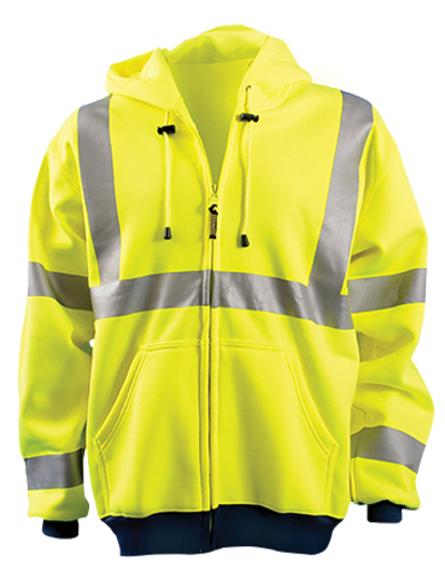 OccuNomix 2X Hi-Viz Yellow OccuLux® Premium 9.4 oz Wicking Polyester Class 3 Hoodie Sweatshirt With Front Zipper Closure, 3M™ Scotchlite™ 2" Reflective Tape, Whisk-It™ Treatment, Elastic Cuff And Waistband And 2 Pockets