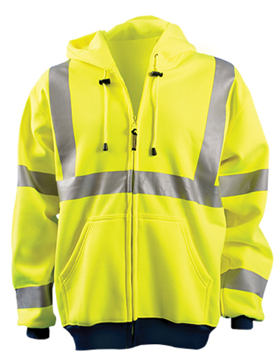 OccuNomix X-Large Hi-Viz Yellow OccuLux® Premium 9.4 oz Wicking Polyester Class 3 Hoodie Sweatshirt With Front Zipper Closure, 3M™ Scotchlite™ 2" Reflective Tape, Whisk-It™ Treatment, Elastic Cuff And Waistband And 2 Pockets