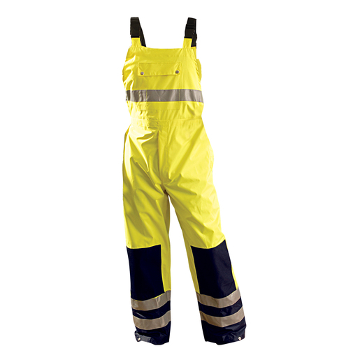 OccuNomix Medium Hi-Viz Yellow With Blue 48"  100% Polyester 150 Denier Oxford With PU Coating Breathable Rain Bib Pants With Elastic Suspenders With Release Buckle
