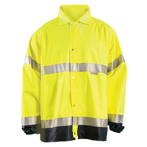 OccuNomix Medium Hi-Viz Yellow With Blue 30"  100% Polyester 150 Denier Oxford With PU Coating Breathable Rain Jacket With Zippered Roll-Away Hood And 2 Outer Pockets