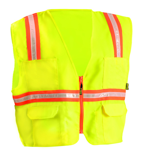 OccuNomix 2X Hi-Viz Orange OccuLux® Classic™ Economy Woven Twill Solid Polyester Two-Tone Surveyor's Vest With Front Zipper Closure And 3/4" White Gloss Tape Backed by Yellow Trim And 9 Pockets