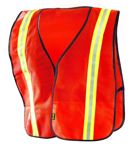 OccuNomix 4X Hi-Viz Yellow OccuLux® Value™ Economy Light Weight Polyester Mesh Two-Tone Vest With Front Hook And Loop Closure, 1 3/8" Silver Gloss Tape On Orange Trim, Side Elastic Straps And 1 Pocket