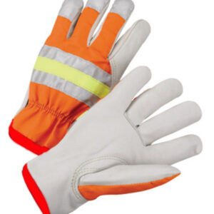 Radnor® Small Gray And Hi-Viz Orange Grain Cowhide Unlined Drivers Gloves With Keystone Thumb, Slip-On Cuff And Red Hem