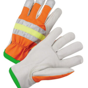Radnor® Medium Gray And Hi-Viz Orange Grain Cowhide Unlined Drivers Gloves With Keystone Thumb, Slip-On Cuff And Green Hem