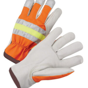 Radnor® Large Gray And Hi-Viz Orange Grain Cowhide Unlined Drivers Gloves With Keystone Thumb, Slip-On Cuff And Brown Hem