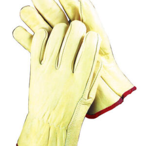 Radnor® Small Grain Cowhide Unlined Drivers Gloves With Straight Thumb, Slip-On Cuff, Red Hem And Shirred Elastic Back