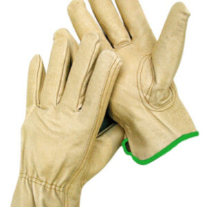 Radnor® Medium Grain Cowhide Unlined Drivers Gloves With Straight Thumb, Slip-On Cuff, Green Hem And Shirred Elastic Back