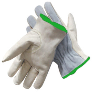 Radnor® Medium Grain Palm Split Cowhide Back Leather Unlined Drivers Gloves With Keystone Thumb, Slip-On Cuff, Green Hem And Shirred Elastic Back
