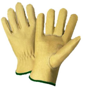 Radnor® Medium Grain Pigskin Unlined Gunn Cut Drivers Gloves With Straight Thumb, Slip-On Cuff, Green Hem And Shirred Elastic Back