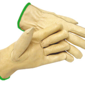 Radnor® Medium Premium Grain Pigskin Unlined Drivers Gloves With Keystone Thumb, Slip-On Cuff, Green Hem And Shirred Elastic Back