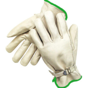 Radnor® Medium Grain Cowhide Unlined Drivers Gloves With Straight Thumb, Wrist Strap Cuff And Green Hem