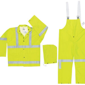 MCR Safety® Lime Luminator™ .38 mm Polyester And PVC 3-Piece Rain Suit With Hi Viz Stripes, Detachable Hood And Bib Pants